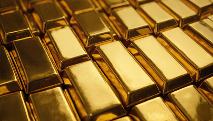 Gold bars are meticulously arranged in neat rows, reflecting light and exuding a sense of value. This secure environment emphasizes the richness of the gold and its allure