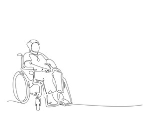 Person with physical disability sitting in wheel chair outline illustration. Continuous line drawing of man sitting in wheel chair.