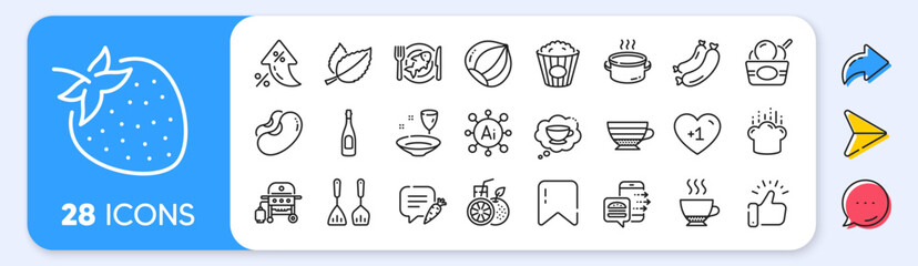 Food order, Champagne and Popcorn line icons. Interest rate, AI generate, Inflation icons. Pack of Ice cream, Mint leaves, Hazelnut icon. Espresso, Beans, Sausage pictogram. Vector