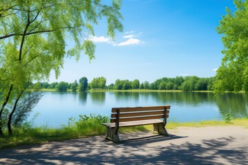 A peaceful lakeside scene in a park with a wooden bench overlooking calm water, reflecting the clear blue sky