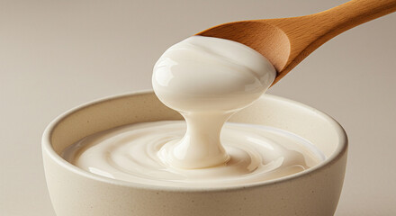 Creamy delight: Natural yogurt dripping from wooden spoon into a bowl