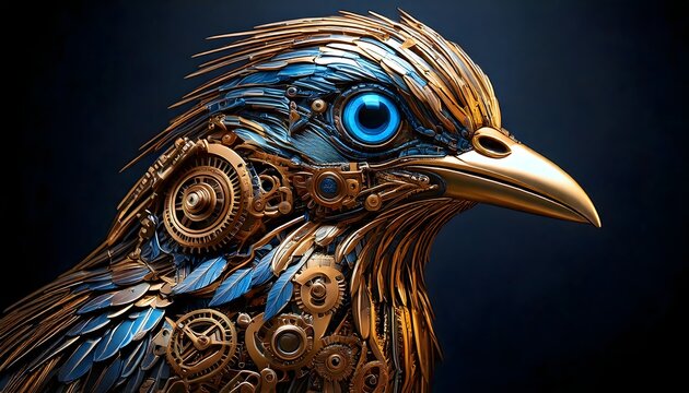 Mechanical fantasy bird design with vivid blue eye and complex golden gear structures