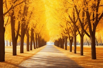 Naklejka premium A sunlit park pathway lined with tall trees forming a natural canopy, with fallen leaves covering the ground