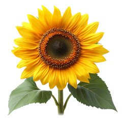 Obraz premium bright yellow sunflower head with fresh green leaves isolated on transparent background 