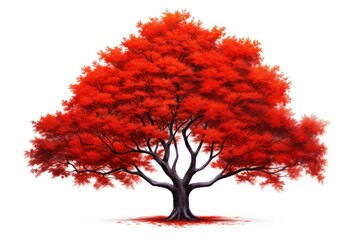 A vibrant red tree with fiery red leaves standing tall in the center, its branches stretching outwards