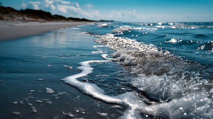 A calm summer beach with sparkling water, gentle waves lapping against the shore, and a cool sea breeze, inviting relaxation.