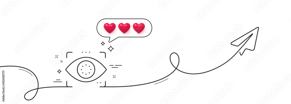 Poster eye detect line icon. continuous line with share plane. retina scan sign. biometric data symbol. hea