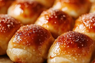 Golden, glazed sweet buns arranged closely. Each is sprinkled with sugar. Delicious baked treat
