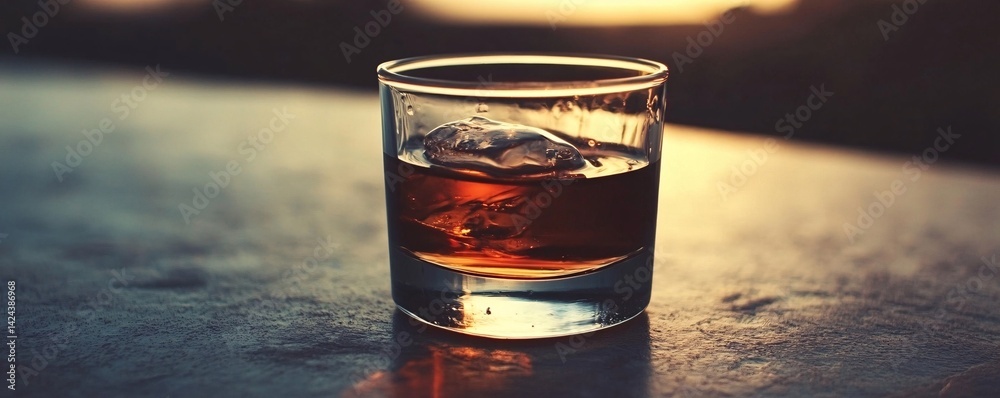 Poster glass of whiskey with ice resting on table at sunset
