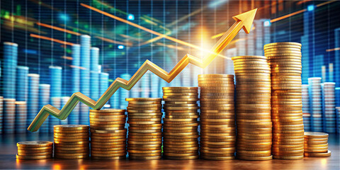 Stacked coins represent financial growth, with a chart indicating an upward trend. The background features a digital display of market data enhancing the business atmosphere