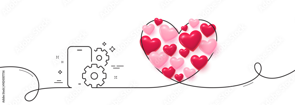 Poster phone service line icon. continuous line big heart. smartphone app sign. cellphone mobile device sym