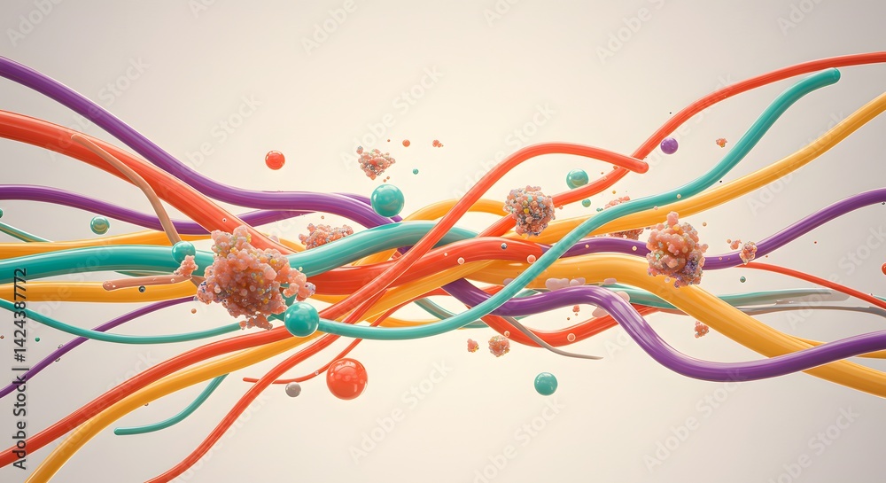 Poster abstract rendering featuring colorful curved lines with spheres and textured clusters floating aroun