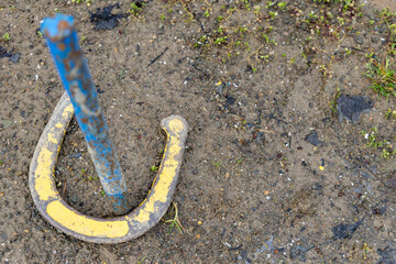 yellow horseshoe ring around the blue pin in a backyard game of horseshoes