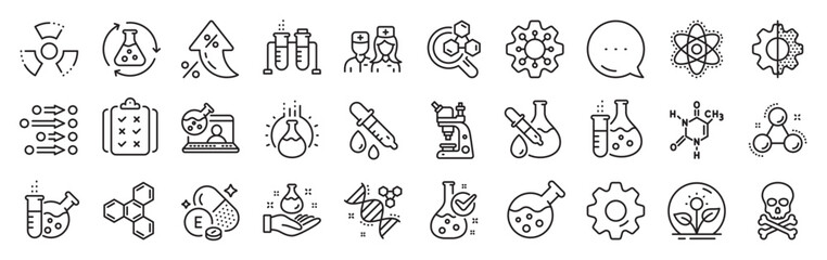 Chemistry lab line icons. Settings gear, Message, Inflation icons. Chemical formula, Microscope and Medical analysis. Laboratory test flask, reaction tube, chemistry lab icons. Vector