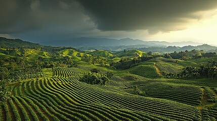 Naklejka premium Lush green tea plantation terraces
