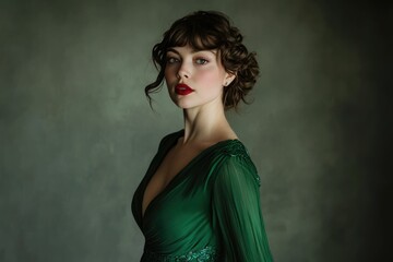 A woman in a green dress, with red lipstick and dark hair, poses against a dark green background.