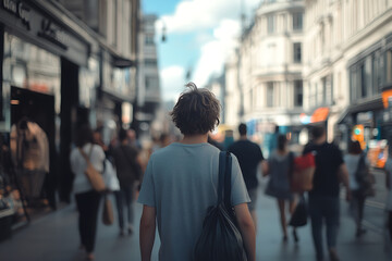 Fototapeta premium Photo of a busy street with people walking, with the focus on the foreground where we see blurred motion and depth of field in the city center of London.