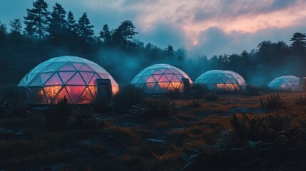 Geodesic domes with glowing lights in forest at twilight. Futuristic transparent dome cabins surrounded by trees and fog. Eco-living and sustainable housing concept. 