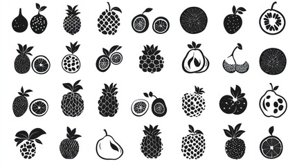 Tropical fruit icons; design elements; white background; website, app use