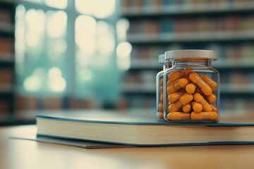 Orange pills in a glass jar on a book in a library setting.