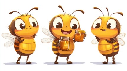 Three cute cartoon bees with honey jars, white background, children's book illustration