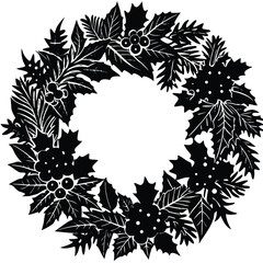 Black and White Christmas Holly Wreath Illustration