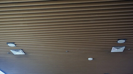The ceiling of a room is formed from wooden logs and there are 2 units of lights in a building
