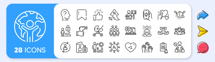 Auction, Electronic thermometer and Medical help line icons. Interest rate, AI generate, Inflation icons. Pack of Lock, Hold heart, Clipboard icon. Yoga, Father day, Medical mask pictogram. Vector