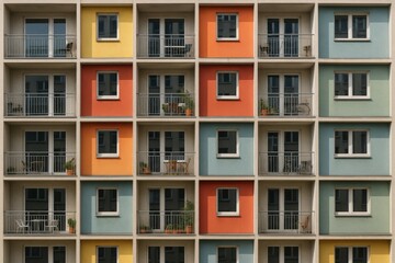 Colorful Apartment Building Facade Showcasing Vibrant Panels and Multiple Balconies