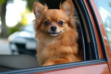 Generative AI image of a cute dog with long fur looking out from a car window