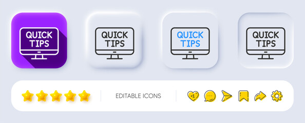Quick tips line icon. Neumorphic, Flat shadow, 3d buttons. Helpful tricks sign. Web tutorials symbol. Line web tutorials icon. Social media icons. Vector