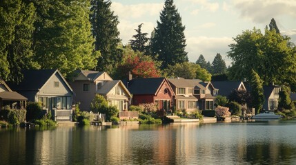 Fototapeta premium A variety of small residential homes along a peaceful lakeside street, each with a unique exterior