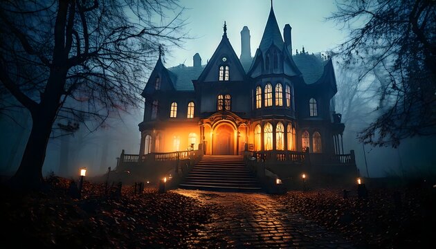 Mysterious gothic mansion illuminated by warm lights surrounded by misty woods