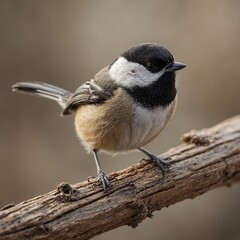 Naklejka premium Black-capped Chickadee bird on piece of wood