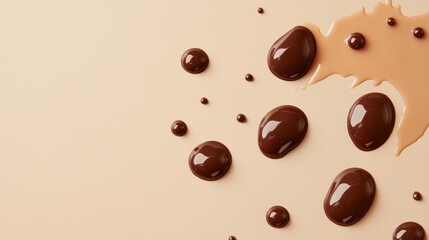 Fototapeta premium Chocolate and caramel drips on beige background, food photography, dessert