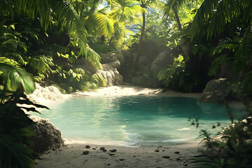 Lush tropical lagoon nestled within a dense jungle.