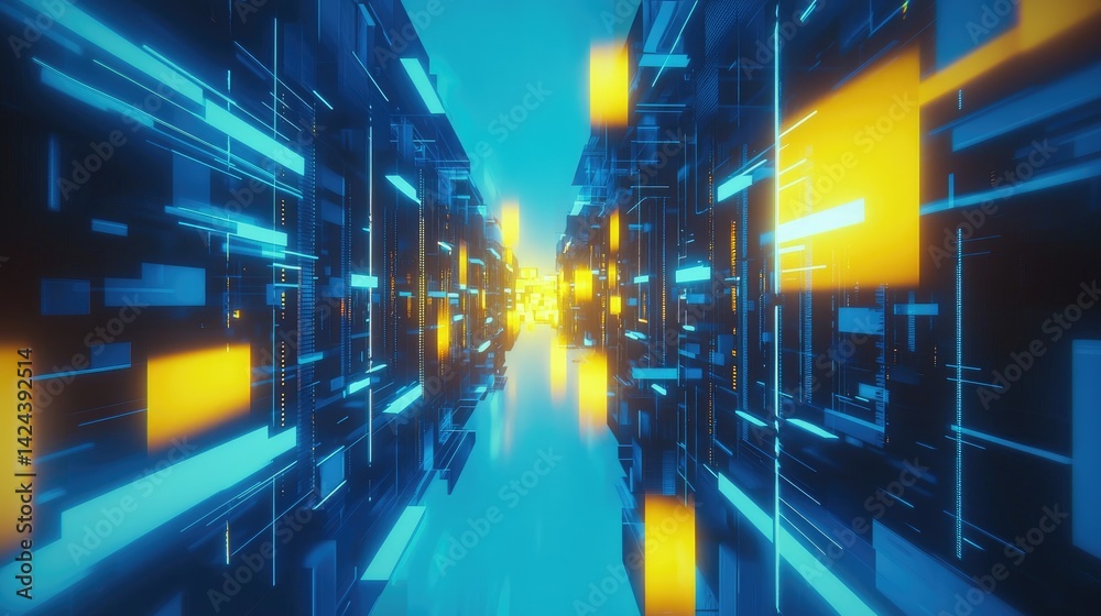 Aufkleber futuristic digital corridor with glowing blue and yellow blocks, evoking data flow and high-tech net