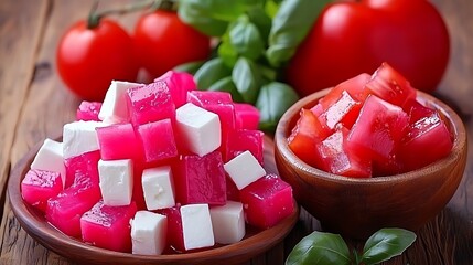 Pink cubes, feta, tomatoes, wooden