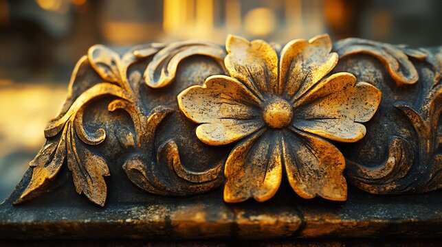 Close up of a sgraffito pottery tile captured using macro photography The intricate etched patterns are in sharp focus with a blurred architectural background adding depth to the image