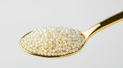 Premium Millet Grains and Pearl in Golden Spoon on White Background Concept of Healthy Nourishment