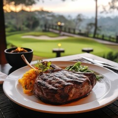 Grilled Steak Dinner with Idyllic Golf Course View at Sunset Restaurant