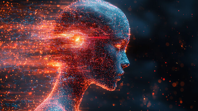 Cyber soldier connected to AI network in a futuristic warzone with digital armor and neural uplink