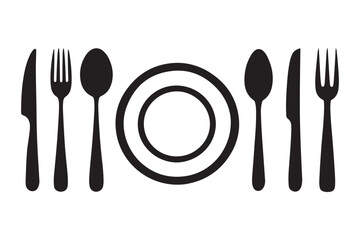 cutlery vector icon set. spoon, fork, knife, plate icon silhouette vector art illustration