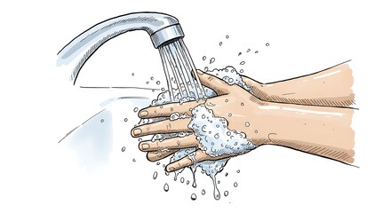 Hand Washing with Soap and Water Under Faucet Illustration
