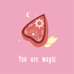 Ouija board and lettering for poster. Mystical magic and spiritual witchcraft. Planchette play for calling souls and demons. Vector illustration