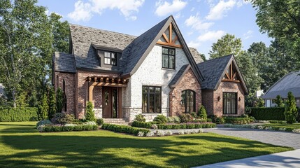 Charming Tudor-style home with exposed wooden beams and brick facade in a leafy suburban setting