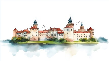 Nesvizh Castle. Nesvizh Castle hand drawn watercolor illustration