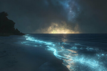 Mysterious beach glows under a celestial night sky.