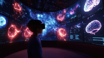 Obraz premium A child wearing vr headset experiences immersive visualizations of cosmic and neurological data.