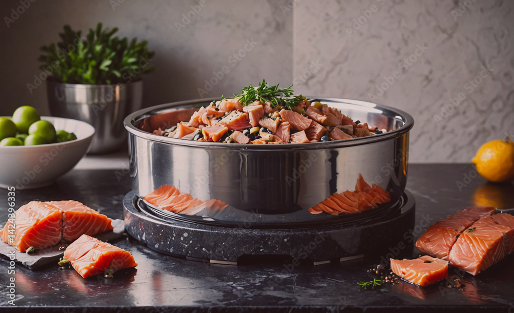 Poster bowl of food with a lot of fish in it. the bowl is on a counter with a lemon and a bunch of parsley
